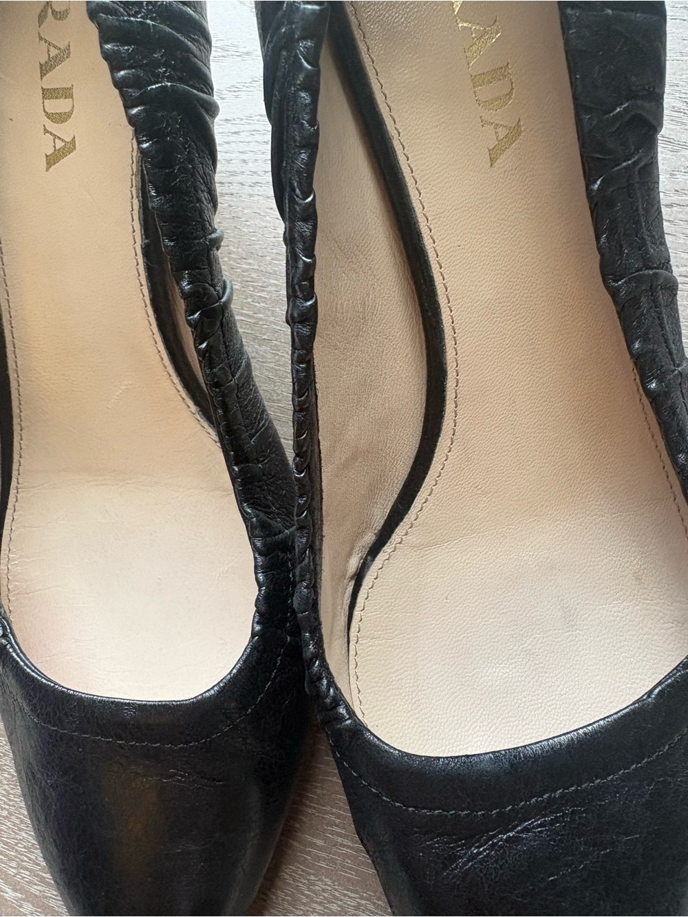 Prada Black Ruched Leather Mid-Heel Pumps - Picture 16 of 16